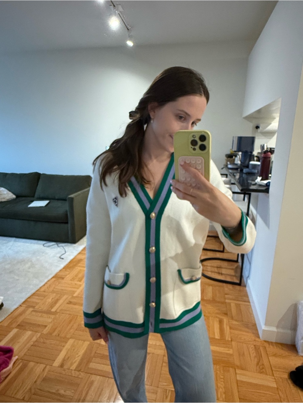 Maje White Cardigan Blazer with Green and Teal Trim